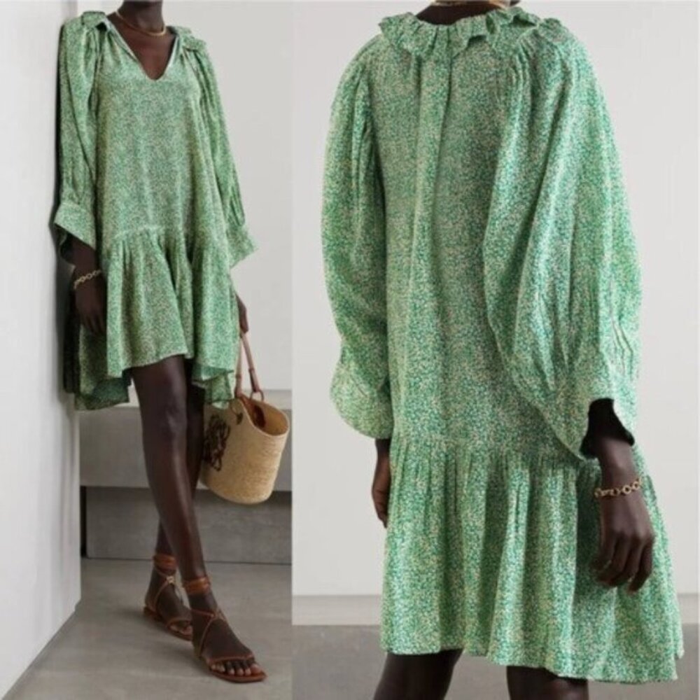 NWT Evarae Marais Printed Ruffled Printed 100% Organic Silk Dress